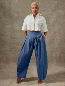 Vixey Solid Slant Pocket Fold Pleated Tapered Pants - Blue - View 3