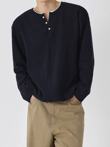 DAZY Men Contrast Trim Half Button Tee Fall - Navy Blue - View 6