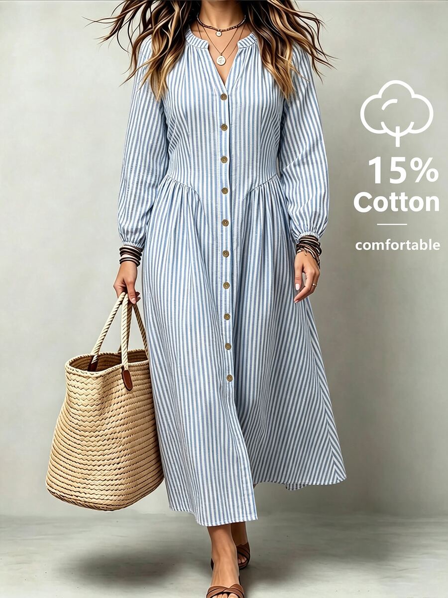 Linhara CURVE Plus Striped Print Button Front Shirt Dress Fall - Blue - View 1
