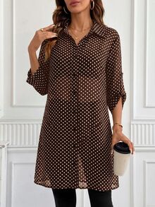 SHEIN Clasi Polka Dot Print Roll Tab Sleeve Shirt - Coffee Brown - View 8