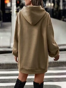 SHEIN Letter Graphic Drop Shoulder Oversize Hooded Sweatshirt Dress - Khaki - View 2
