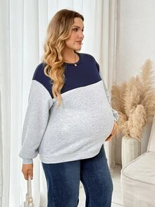 Plussiva Plus-Size Maternity Autumn Nursing Top – Color-Block, Drop-Shoulder, Zip-Front Sweatshirt (Fleece-Lined & Warm) – Casual Everyday Wear  Fall/Winter - Black - View 3