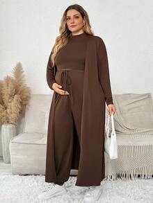 Plussiva Plus Size Maternity Solid Crop Tank Top Pants Open Front Coat Set Dates Post Partum Autumn Lounge Basic Cute Chic Going Out Fall - Brown - View 4