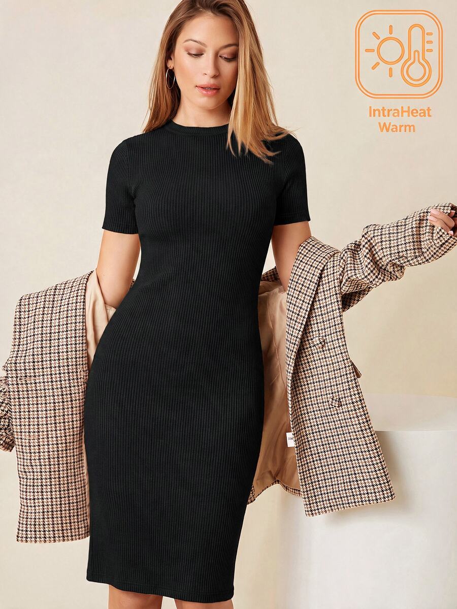 SHEIN BASICS Women's Solid Color Round Neck Short Sleeve Fitted Elegant Basic Dress Fall Outfits For Women Office Black Warm - Black - View 1