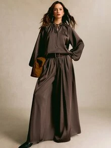 COSMINA Tie Neck Lantern Sleeve Satin Top & Wide Leg Pants Set - Brown - View 5
