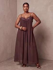 Veslaya Plus Solid Contrast Lace Cami Dress - Brown - View 6
