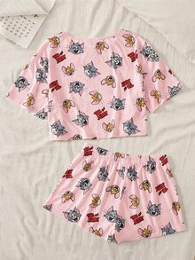 TOM & JERRY X SHEIN 卡通圖案 T 恤與短褲睡衣套裝 - 粉色 - 查看 2