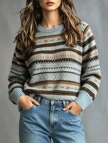 Linhara CURVE Plus Geo Pattern Sweater - Blue - View 3