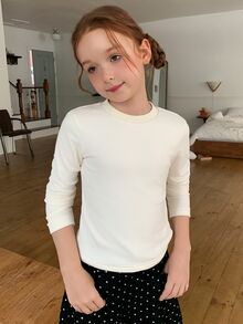 DAZY Tween Girl Solid Round Neck Long Sleeve Tee Fall - Beige - View 5