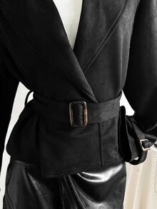Elamini Lapel Neck Belted Trench Coat - Black - View 5