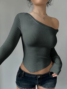 SHEIN Unity Asymmetrical Neck Hanky Hem Crop Sweater - Grey - View 1