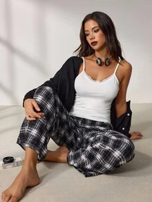 Lowkey Lull Solid Cami Top & Plaid Print Pants PJ Set - Grey - View 2