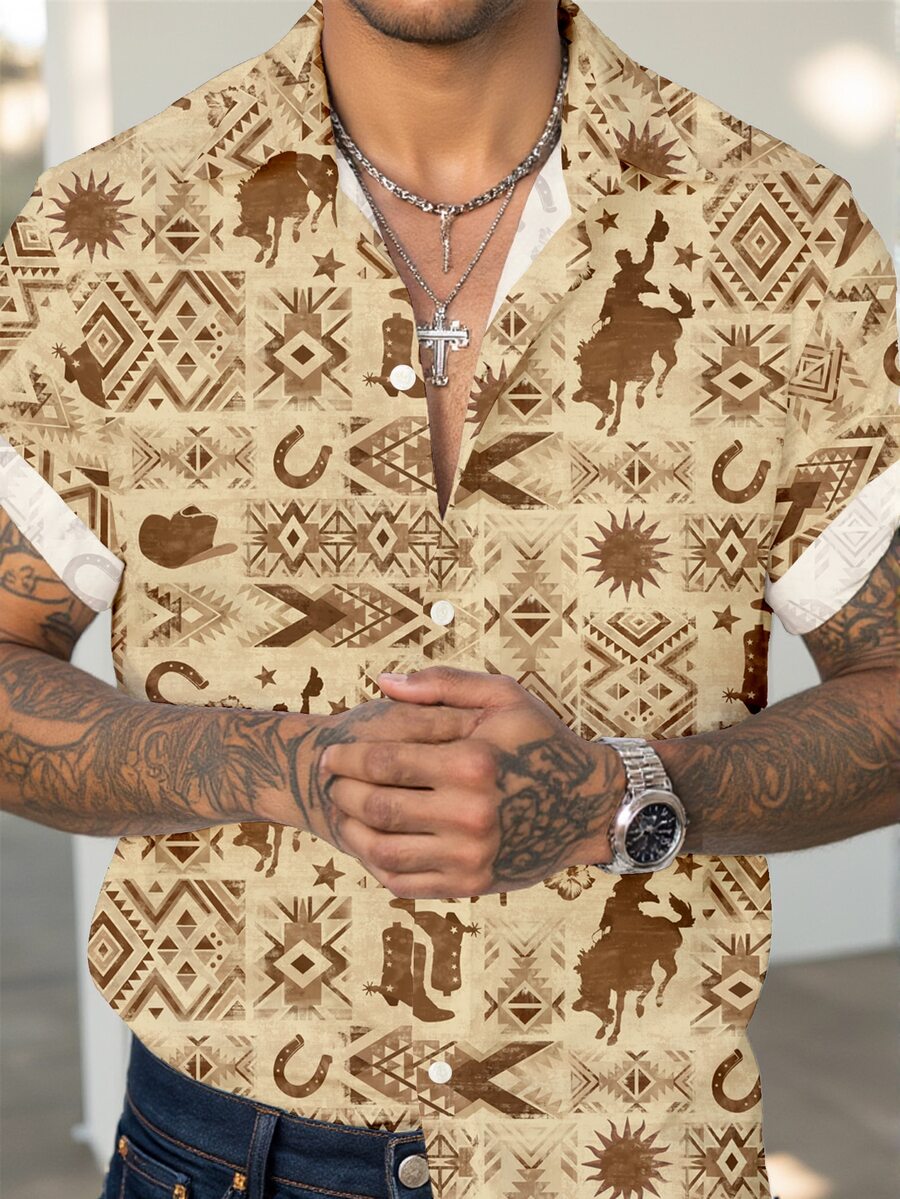 Azurnel Men Animal & Geo Patchwork Print Shirt - Khaki - View 1