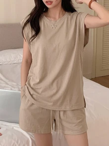 DAZY 純色蝙蝠袖居家休閒套裝 - 卡其色 - 查看 5