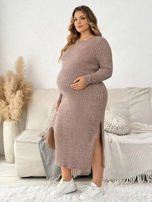 Plussiva Plus Size Maternity Split Thigh Ribbed Knit Dress - Brown - View 1