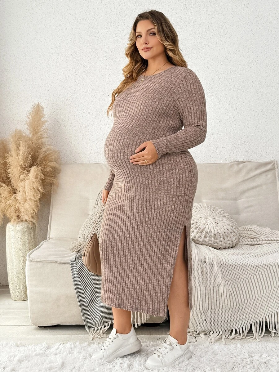 Plussiva Plus Size Maternity Split Thigh Ribbed Knit Dress - Brown - View 1