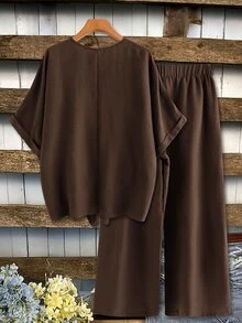Linhara CURVE Plus Batwing Sleeve Knot Hem Top & Wide Leg Pants - Brown - View 2