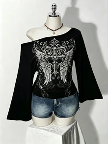 SHEIN ICON 大尺碼圖案印花不對稱領喇叭袖T恤 - 彩色 - 查看 3