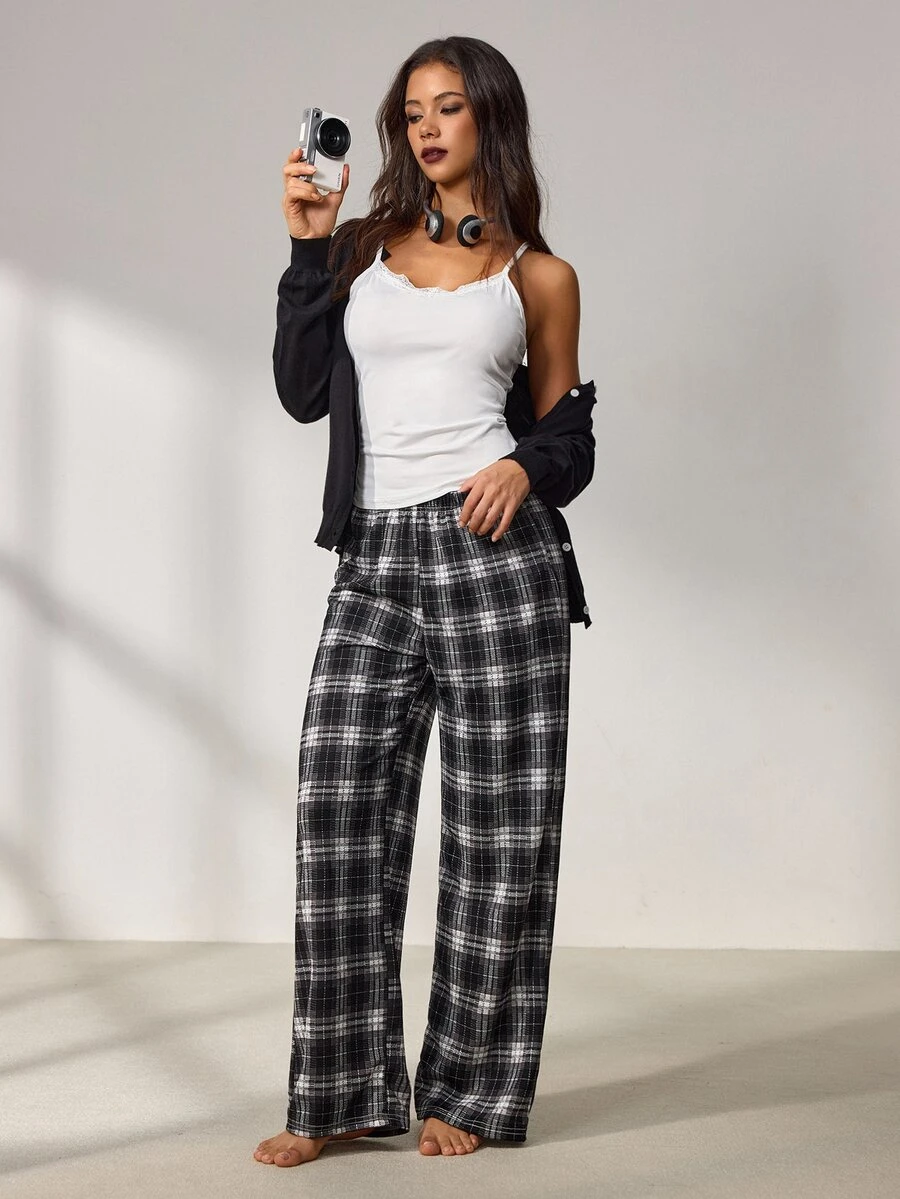 Lowkey Lull Solid Cami Top & Plaid Print Pants PJ Set - Grey - View 1