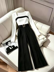 SHEIN Franclia Square Neck Contrast Trim Wide Leg Jumpsuit With Belt - Black - View 1