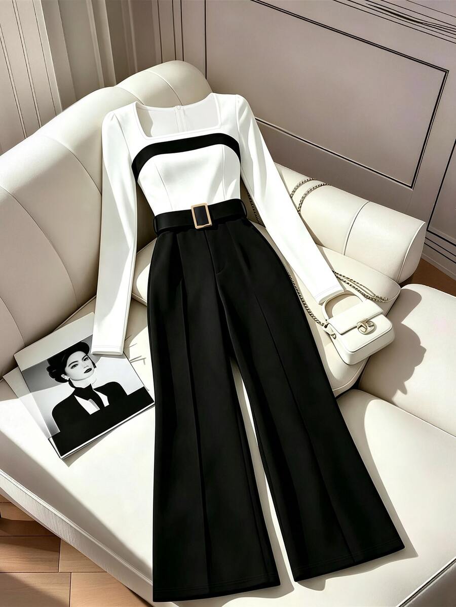 SHEIN Franclia Square Neck Contrast Trim Wide Leg Jumpsuit With Belt - Black - View 1
