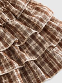 ROMWE Kawaii Plaid Print Shirred Waist Layered Ruffle Trim Skirt - Khaki - View 4