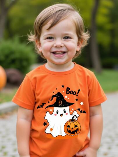 Young Boy Halloween Ghost Kids Print Short Sleeve Tee