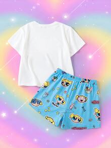 THE POWERPUFF GIRLS X SHEIN Cartoon Graphic Tee & Shorts PJ Set - Blue - View 2