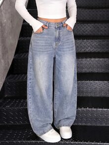 SHEIN 1 pieza de jeans de pierna ancha lavados para adolescentes - Lavado ligero - Ver 6