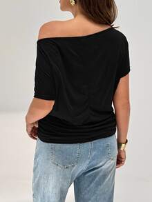Shapeblank Plus Solid Batwing Sleeve Tee - Black - View 2