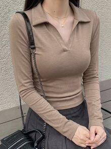 DAZY Camiseta de manga larga con cuello sólido - Marrón - Ver 3