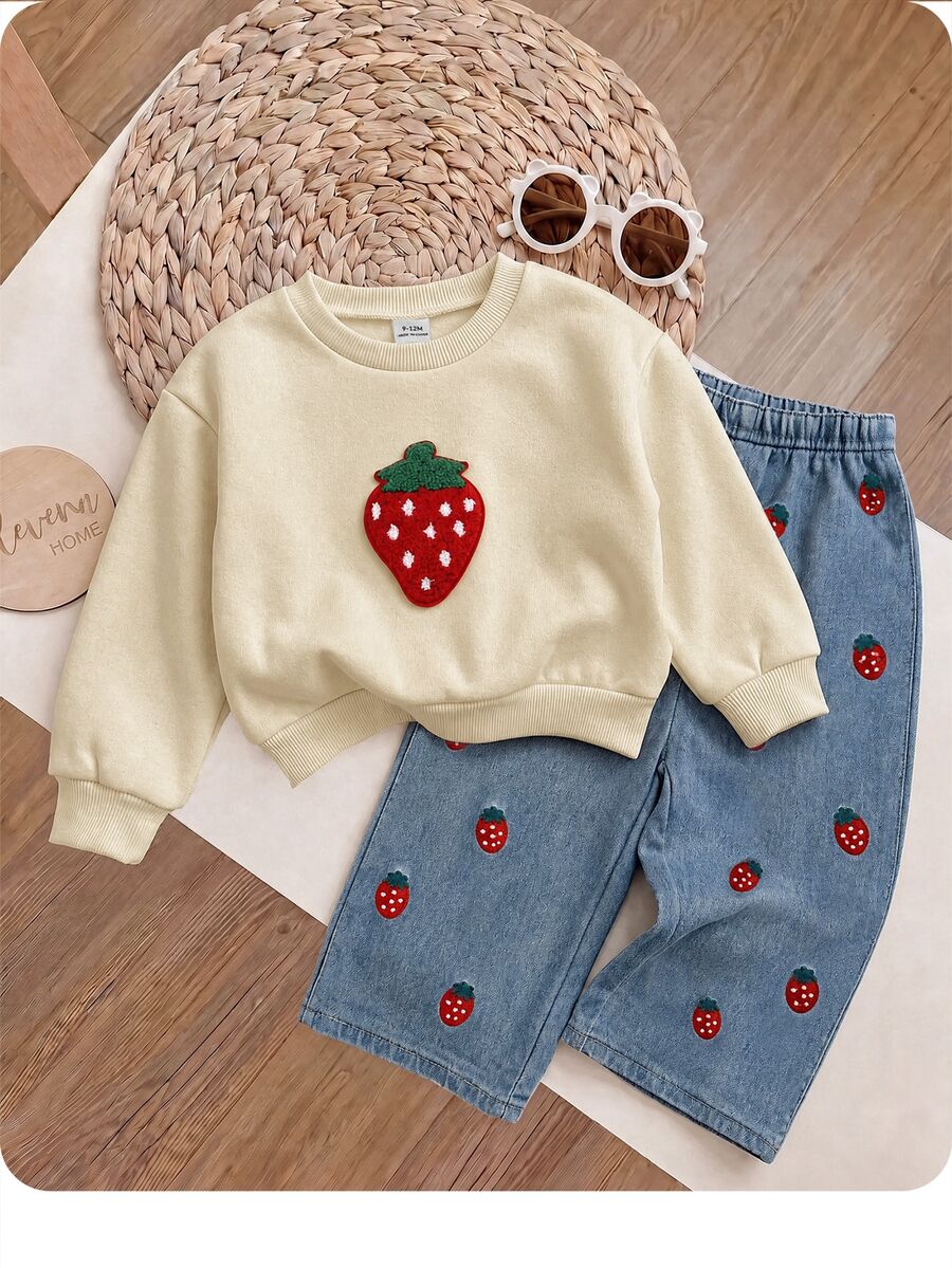 SHEIN 女嬰草莓刺繡運動衫與牛仔褲套裝 - 彩色 - 查看 1