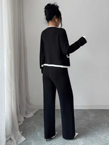 Elenzga Contrast Trim Button Front Cardigan & Knit Pants - Multicolor - View 2