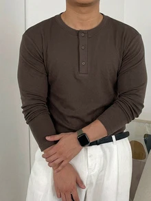 DAZY Camiseta de media botonadura lisa para hombre - Óxido marrón - Ver 5
