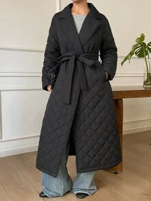 DAZY Lapel Neck Slant Pocket Belted Quilted Coat Jacket - Black - View 1