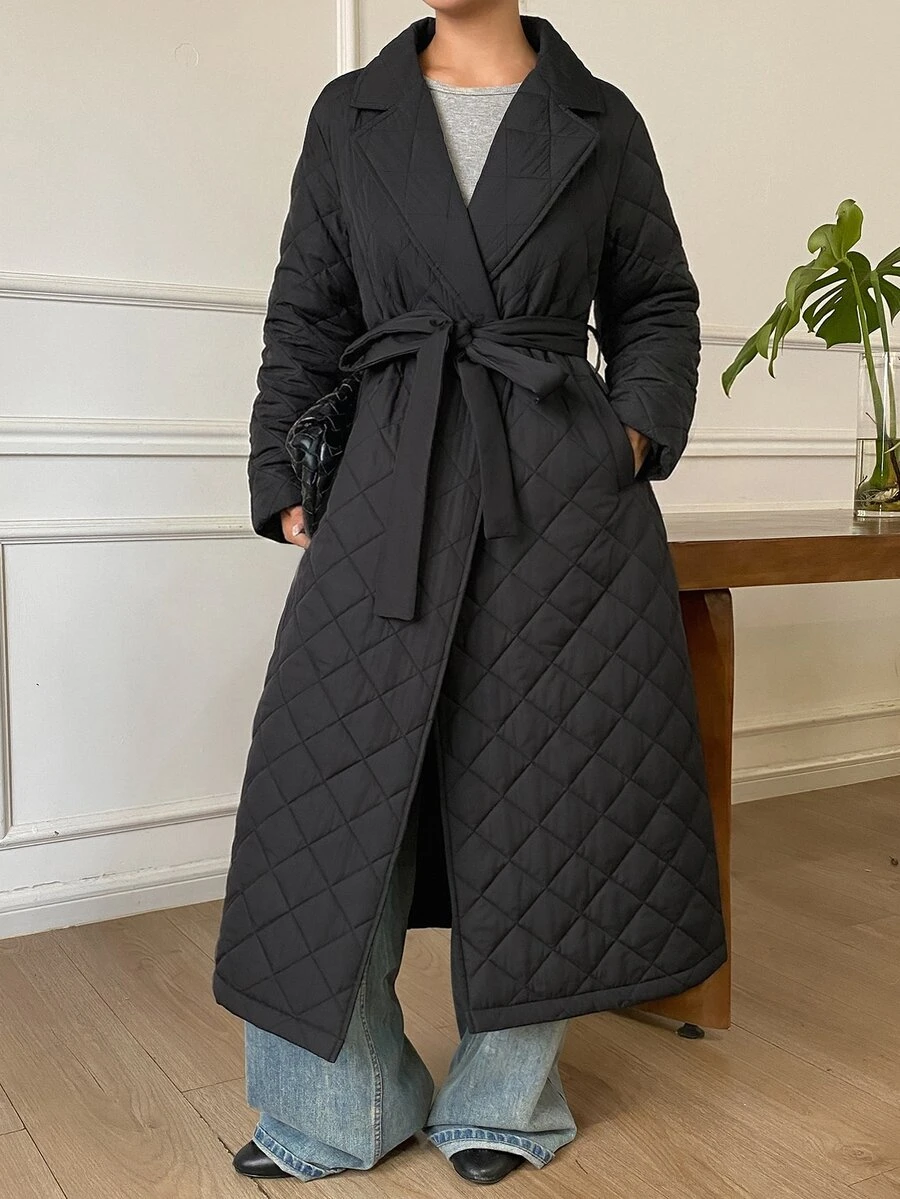DAZY Lapel Neck Slant Pocket Belted Quilted Coat Jacket - Black - View 1