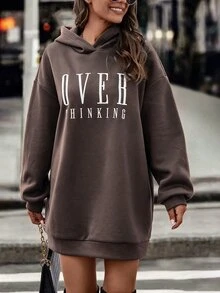 SHEIN LUNE 字母圖案落肩連帽衛衣洋裝 - 巧克力棕 - 查看 3