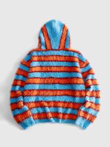 ROMWE MEN Men Color Block Striped Pattern Kangaroo Pocket Drawstring Hooded Zip Up Cardigan - Blue - View 3
