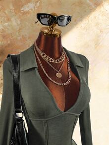 Amplova Solid Rib-Knit Deep V-Collar Unitard Romper - Army Green - View 5