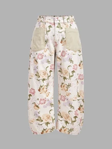 EMERY ROSE Quần jeans ống đứng size lớn họa tiết hoa, 2 túi - Màu be - Xem 8