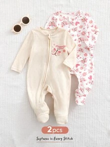 Cozy Pixies Newborn Baby 2pcs Butterfly Heart Print Zip Up Footed PJ Jumpsuit - Mustard Yellow - View 9