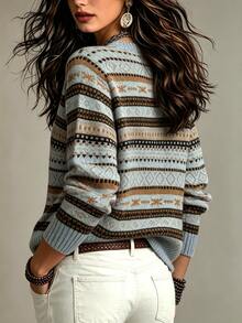 Linhara CURVE Plus Geo Pattern Sweater - Blue - View 2