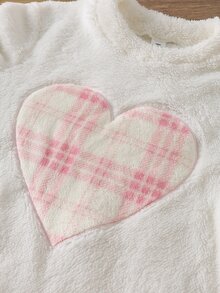 SHEIN Tween Girl Plaid Embroidery Heart Teddy Pullover Top & Pants PJ Set - Pink - View 8