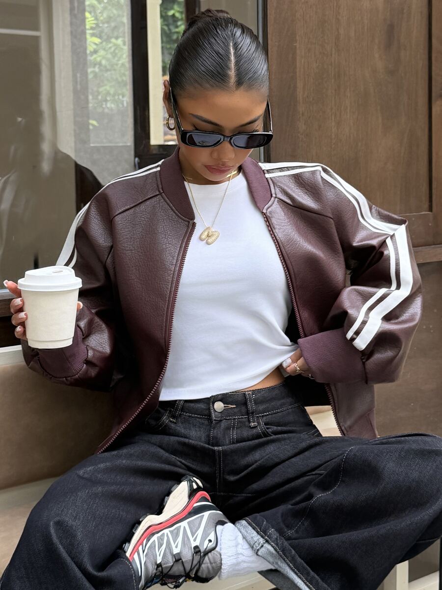 DAZY Contrast Side Seam Raglan Sleeve Bomber Leather Jacket Fall - Burgundy - View 1