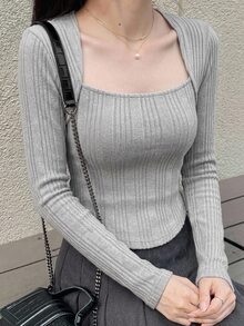 DAZY Square Neck Ribbed Knit Tee - Grey - View 7