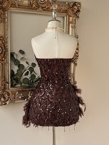 Lovelzi Elegant Coffee Brown Sequin Embroidered Feather Fringe Strapless Sweetheart Corset A Line Short Mini Prom Homecoming Cocktail Formal Evening Dress - Coffee Brown - View 3