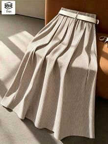 SHEIN Clasi Rok Lipit Pinggang Tinggi Tanpa Sabuk - Khaki - View 2