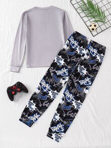 SHEIN Tween Boy Soccer & Letter Graphic Tee & Pants PJ Set - Light Grey - View 2