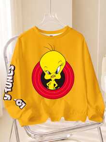 LOONEY TUNES X SHEIN Plus Cartoon & Letter Graphic Drop Shoulder Sweatshirt Fall - White - View 1
