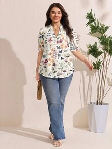 Comfylo 大尺碼花卉印花缺口領泡泡袖上衣 - 彩色 - 查看 3